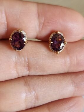 New 18K Gold Plated Oval Cut Amethyst Diamond Stud Earrings for Women